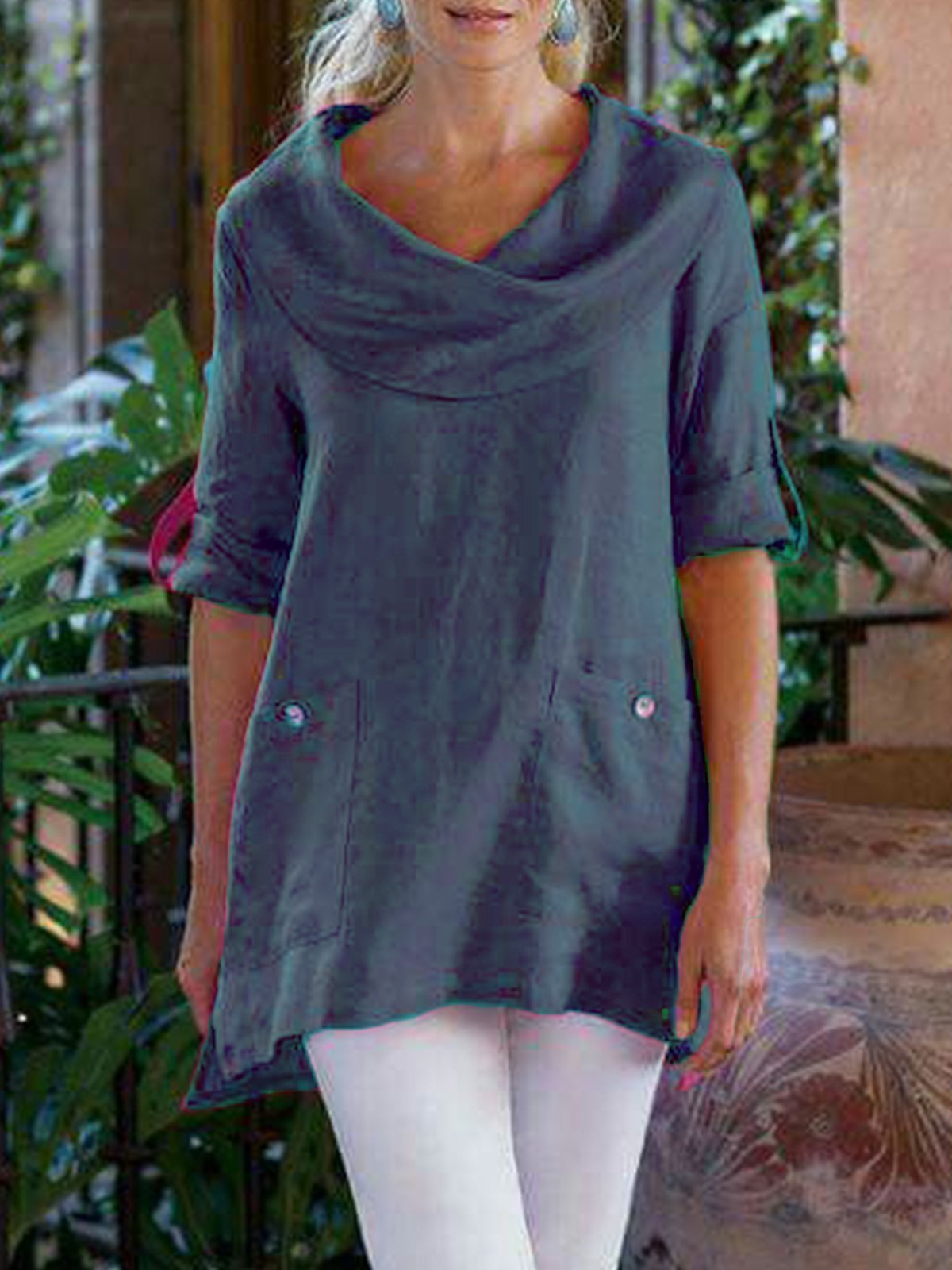 Pockets Long Sleeve Cowl Neck Cotton-Blend Shirt